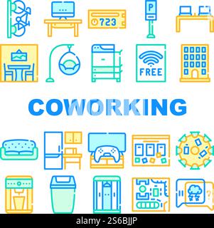 Coworking Work Office Collection Icons Set Vector. Coworking Layout And Furniture, Building And Parking, Workplace And Relaxation Place Concept Linear Pictograms. Color Contour Illustrations. Coworking Work Office Collection Icons Set Vector Stock Vector