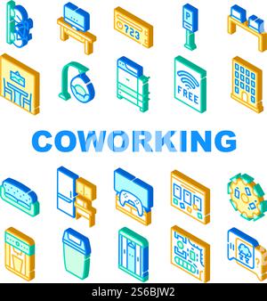 Coworking Work Office Collection Icons Set Vector. Coworking Layout And Furniture, Building And Parking, Workplace And Relaxation Place Concept Linear Pictograms. Color Contour Illustrations. Coworking Work Office Collection Icons Set Vector Stock Vector