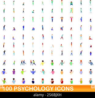 100 psychology icons set. Cartoon illustration of 100 psychology icons vector set isolated on white background. 100 psychology icons set, cartoon style Stock Vector