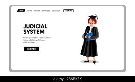 Judicial System Government Institution Vector. Judge Woman Judicial System Worker In Uniform Mantle And Hat Hold Law Book Constitution. Character Dispute Resolution Job Web Flat Cartoon Illustration. Judicial System Government Institution Vector Stock Vector