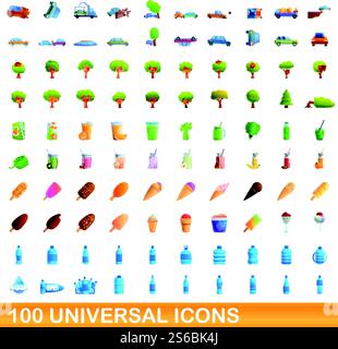 100 universal icons set. Cartoon illustration of 100 universal icons vector set isolated on white background. 100 universal icons set, cartoon style Stock Vector