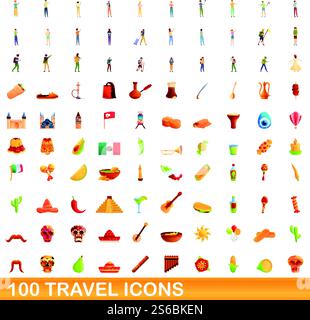 100 travel icons set. Cartoon illustration of 100 travel icons vector set isolated on white background. 100 travel icons set, cartoon style Stock Vector