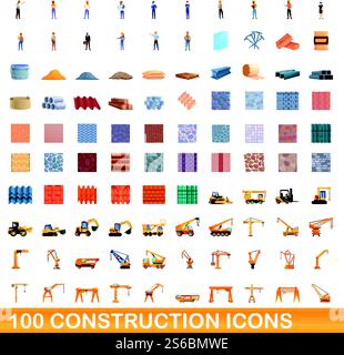 100 construction icons set. Cartoon illustration of 100 construction icons vector set isolated on white background. 100 construction icons set, cartoon style Stock Vector