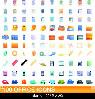 100 office icons set. Cartoon illustration of 100 office icons vector set isolated on white background. 100 office icons set, cartoon style Stock Vector