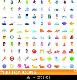 100 toy icons set. Cartoon illustration of 100 toy icons vector set isolated on white background. 100 toy icons set, cartoon style Stock Vector