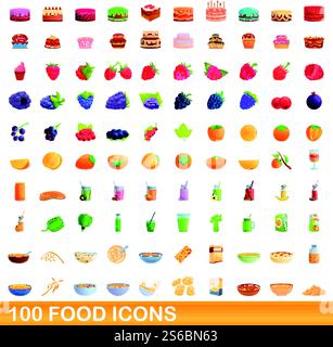 100 food icons set. Cartoon illustration of 100 food icons vector set isolated on white background. 100 food icons set, cartoon style Stock Vector
