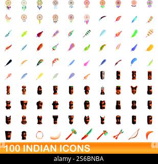 100 indian icons set. Cartoon illustration of 100 indian icons vector set isolated on white background. 100 indian icons set, cartoon style Stock Vector