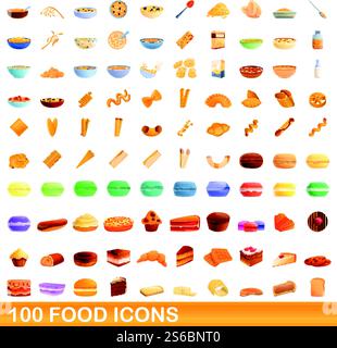 100 food icons set. Cartoon illustration of 100 food icons vector set isolated on white background. 100 food icons set, cartoon style Stock Vector