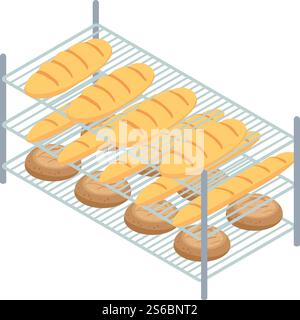 Bakery factory bread rack icon. Isometric of bakery factory bread rack vector icon for web design isolated on white background. Bakery factory bread rack icon, isometric style Stock Vector