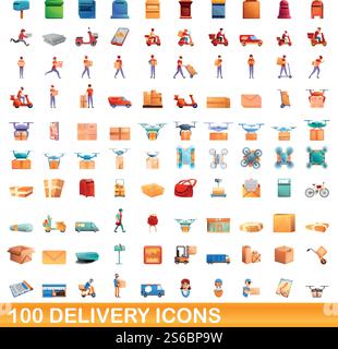 100 delivery icons set. Cartoon illustration of 100 delivery icons vector set isolated on white background. 100 delivery icons set, cartoon style Stock Vector