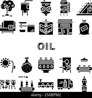 Oil Production Plant Collection Icons Set Vector. Olive Tree And Oil Bottle, Elevator And Crusher, Brazier And Sorting Line, Press And Refiner Glyph Pictograms Black Illustrations. Oil Production Plant Collection Icons Set Vector Stock Vector