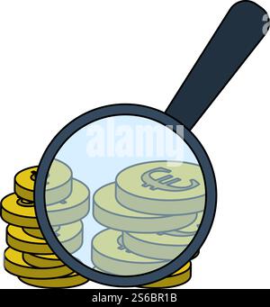 Magnifying Over Coins Stack Icon. Editable Outline With Color Fill Design. Vector Illustration. Stock Vector
