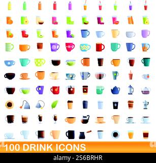 100 drink icons set. Cartoon illustration of 100 drink icons vector set isolated on white background. 100 drink icons set, cartoon style Stock Vector