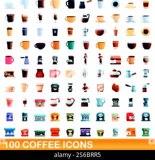 100 coffee icons set. Cartoon illustration of 100 coffee icons vector set isolated on white background. 100 coffee icons set, cartoon style Stock Vector