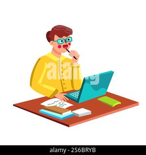 Writer Man Working At Desk With Laptop Vector. Writer Holding Pen In Mouth Thinking About Book Or Article Text. Notice Paper List And Computer On Table. Character Flat Cartoon Illustration. Writer Man Working At Desk With Laptop Vector Stock Vector