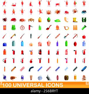 100 universal icons set. Cartoon illustration of 100 universal icons vector set isolated on white background. 100 universal icons set, cartoon style Stock Vector