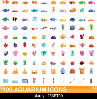 100 aquarium icons set. Cartoon illustration of 100 aquarium icons vector set isolated on white background. 100 aquarium icons set, cartoon style Stock Vector
