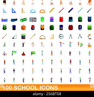 100 school icons set. Cartoon illustration of 100 school icons vector set isolated on white background. 100 school icons set, cartoon style Stock Vector