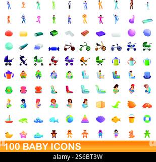 100 baby icons set. Cartoon illustration of 100 baby icons vector set isolated on white background. 100 baby icons set, cartoon style Stock Vector
