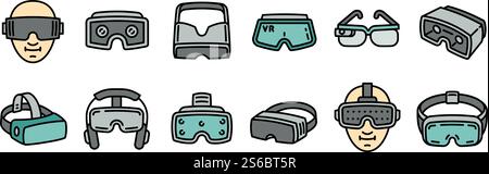 Game goggles icons set. Outline set of game goggles vector icons for web design isolated on white background. Game goggles icons set, outline style Stock Vector
