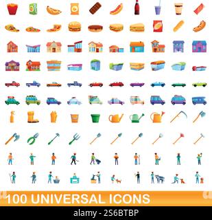 100 universal icons set. Cartoon illustration of 100 universal icons vector set isolated on white background. 100 universal icons set, cartoon style Stock Vector