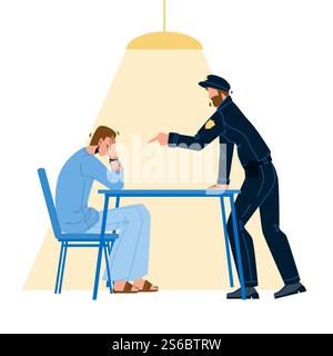 Policeman Interrogation Criminal Prisoner Vector. Detective Police Man And Bandit With Handcuffs In Interrogation Room Interviewing After Committed Crime. Characters Flat Cartoon Illustration. Policeman Interrogation Criminal Prisoner Vector Stock Vector