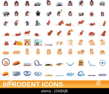 80 rodent icons set. Cartoon illustration of 80 rodent icons vector set isolated on white background. 80 rodent icons set, cartoon style Stock Vector
