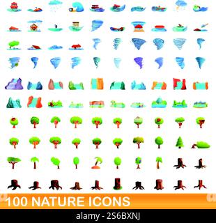 100 nature icons set. Cartoon illustration of 100 nature icons vector set isolated on white background. 100 nature icons set, cartoon style Stock Vector