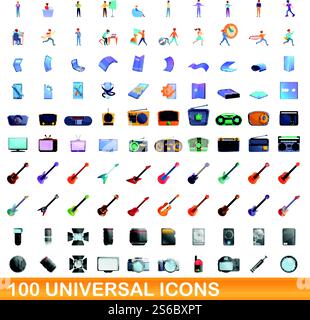 100 universal icons set. Cartoon illustration of 100 universal icons vector set isolated on white background. 100 universal icons set, cartoon style Stock Vector