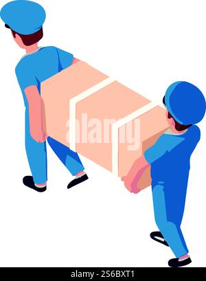 Two postman delivery fridge icon. Isometric of two postman delivery fridge vector icon for web design isolated on white background. Two postman delivery fridge icon, isometric style Stock Vector