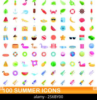 100 summer icons set. Cartoon illustration of 100 summer icons vector set isolated on white background. 100 summer icons set, cartoon style Stock Vector