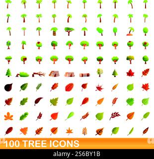 100 tree icons set. Cartoon illustration of 100 tree icons vector set isolated on white background. 100 tree icons set, cartoon style Stock Vector