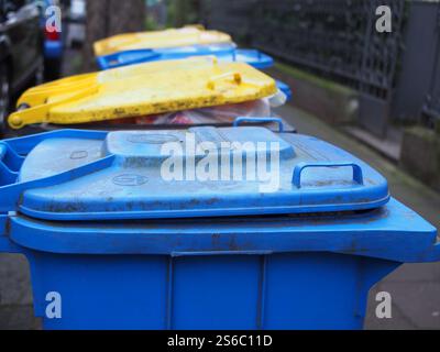 Yellow and blue bins (“gelbe Tonne” and “blaue Tonne”) lined up for collection in Bonn, Germany. Stock Photo