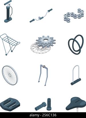 Parts bicycle. Steel frame crank seat saddle fork pedal isometric vector pictures of bike. Illustration of bike gear, sprocket and fork, seat and pedal. Parts bicycle. Steel frame crank seat saddle fork pedal isometric vector pictures of bike Stock Vector