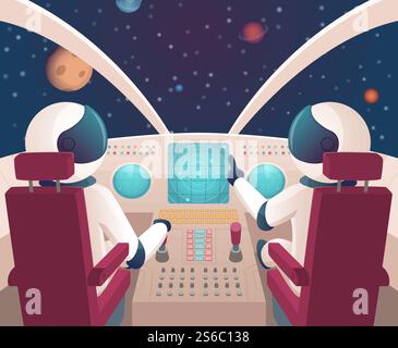 Pilots in spaceship. Shuttle cockpit with pilots in costumes vector cartoon space with planets. Illustration of rocket space cockpit interior with astronauts. Pilots in spaceship. Shuttle cockpit with pilots in costumes vector cartoon space with planets Stock Vector