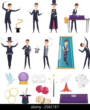Magician. Show performer in costume and items cards rabbit in hat magic handkerchiefs wand cards steel deck vector cartoons. Showman illusionist, magician performing show, performer illustration. Magician. Show performer in costume and items cards rabbit in hat magic handkerchiefs wand cards steel deck vector cartoons Stock Vector
