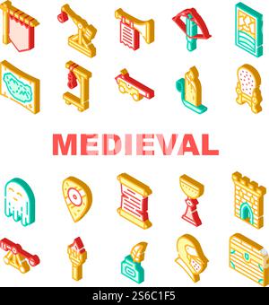 Medieval Middle Age Collection Icons Set Vector. Medieval Castle And Stained Glass, Knight Helmet And Shield, Candle And Torch, Map And Catapult Isometric Sign Color Illustrations. Medieval Middle Age Collection Icons Set Vector Stock Vector