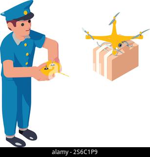 Postman drone parcel delivery icon. Isometric of postman drone parcel delivery vector icon for web design isolated on white background. Postman drone parcel delivery icon, isometric style Stock Vector