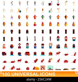 100 universal icons set. Cartoon illustration of 100 universal icons vector set isolated on white background. 100 universal icons set, cartoon style Stock Vector