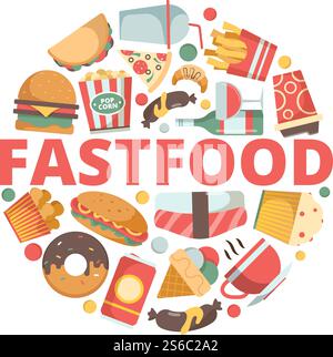 Fast food icons. Menu pictures in circle shape cold drink pizza burger sandwich ice cream vector fast food flat colored symbols. Illustration of burger and drink, pizza and sandwich. Fast food icons. Menu pictures in circle shape cold drink pizza burger sandwich ice cream vector fast food flat colored symbols Stock Vector