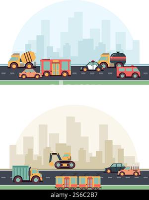 Urban vehicles. Buildings and different fuel machines on road colored vector flat cityscape background. Urban city road, machine industry illustration. Urban vehicles. Buildings and different fuel machines on road colored vector flat cityscape background Stock Vector