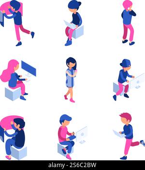 Isometric characters. Working people touching screen computer laptop interactive application digital creative work vector isometric. Illustration of people isometric with device. Isometric characters. Working people touching screen computer laptop interactive application digital creative work vector isometric Stock Vector