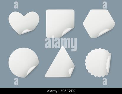 Stickers realistic. Wrapped white paper bookmarks stickers with shadows vector template. Illustration of label sticker note, realistic tag different, bent triangular sticky, square and heart shape. Stickers realistic. Wrapped white paper bookmarks stickers with shadows vector template Stock Vector