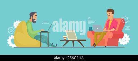 Programmers vector characters. Software developers working on laptops in coworking illustration. Programmer software and management, coder together. Programmers vector characters. Software developers working on laptops in coworking illustration Stock Vector