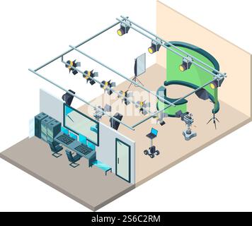 Tv studio interior. Television production room with professional equipment video cameras flashes softboxes tripod vector isometric. Tv professional production, video television illustration. Tv studio interior. Television production room with professional equipment video cameras flashes softboxes tripod vector isometric Stock Vector