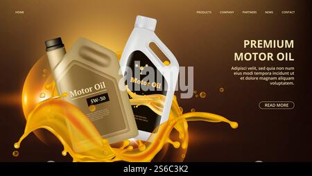 Engine oil landing page. Vector motor oil web page. Realistic plastic canistre, car repair banner. Motor fuel for engine car, bottle oil illustration. Engine oil landing page. Vector motor oil web page. Realistic plastic canistre, car repair banner Stock Vector