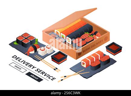 Sushi delivery service vector banner template. Isometric sushi, asian dinner for two illustration. Sushi food service, restaurant japanese menu. Sushi delivery service vector banner template. Isometric sushi, asian dinner for two illustration Stock Vector
