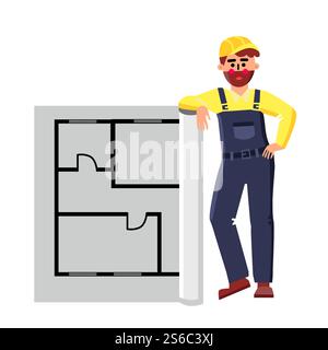 Architect Builder With Layout House Plan Vector. Architect Engineer Leaning Apartment Document Construction Site. Character Young Bearded Man Engineering Work Flat Cartoon Illustration. Architect Builder With Layout House Plan Vector Stock Vector