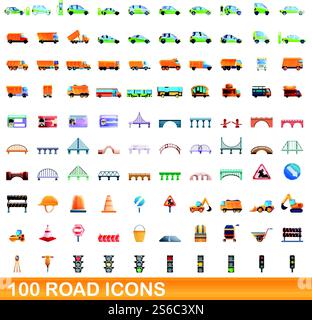 100 road icons set. Cartoon illustration of 100 road icons vector set isolated on white background. 100 road icons set, cartoon style Stock Vector