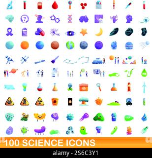 100 science icons set. Cartoon illustration of 100 science icons vector set isolated on white background. 100 science icons set, cartoon style Stock Vector